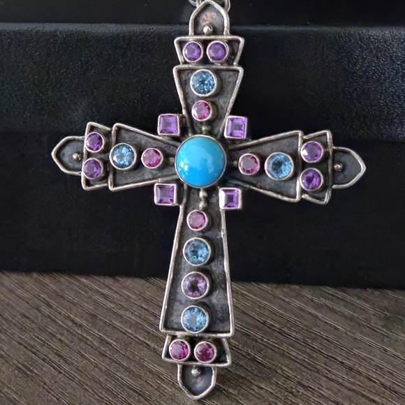 Nicky Butler 925 Sterling Silver Cross Necklace Pendant Turquoise Topaz Vintage - Picture 11 of 16